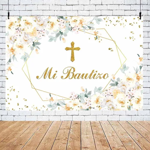 Miniatura 4 de AIBIIN Telón de fondo Mi Bautizo de 7 x 5 pies para niña, diseño floral amarillo y blanco, para fotografía de bautismo, puntos dorados