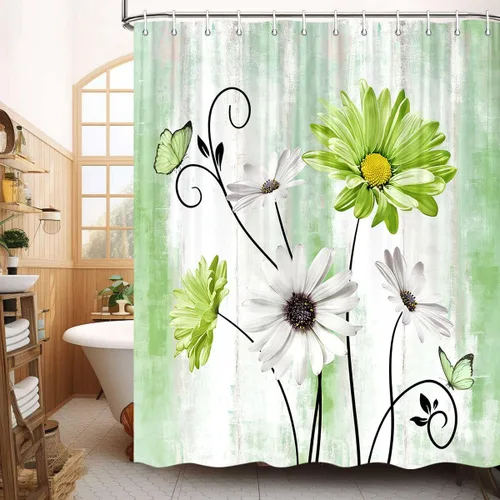 Miniatura 55 de JAWO Cortina de ducha con diseño floral de margaritas azules, cortina de ducha rústica de granja y mariposa en el campo, juego de cortinas de ducha