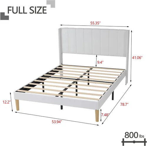 Miniatura 2 de Marco de Cama de Plataforma Tapizada Tamaño Full con Cabecero, Soporte de Listones de Madera Resistentes Sin Necesidad de Somier Montaje Fácil Lino