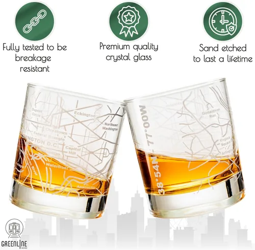 Miniatura 3 de Greenline Goods - Vasos de whisky, juego de regalo de 2 vasos de 284ml para amantes de Washington, DC, grabado con mapa de Washington, DC Vaso