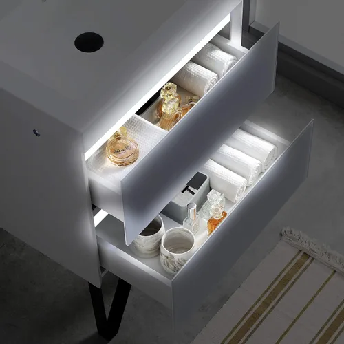 Miniatura 6 de Blossom Tocador de baño LED de 24 pulgadas – Tocador flotante montado en la pared con luces – 100% impermeable PVC de grado marino – Moderno