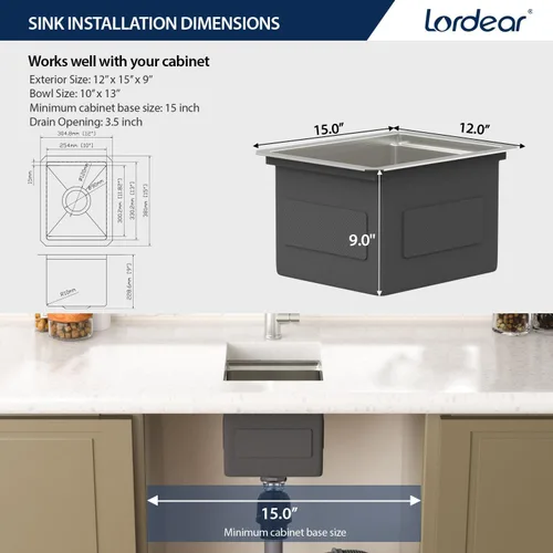 Miniatura 8 de Lordear - Fregadero de barra de 12 pulgadas bajo montaje, estación de trabajo, calibre 16, T304, 12 x 15, acero inoxidable, fregadero de cocina