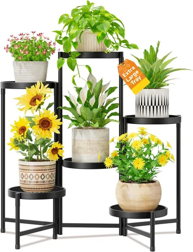 Miniatura 10 de LASZOLA Soporte plegable para plantas de interior de 7 niveles para múltiples macetas grandes, estante ajustable alto y resistente con bandeja de 10