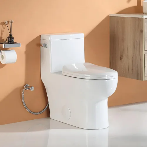 HOROW HR-ST076W - Inodoro alargado con palanca de viaje a la izquierda, inodoro de una pieza para baño, asiento de cierre suave incluido, descarga