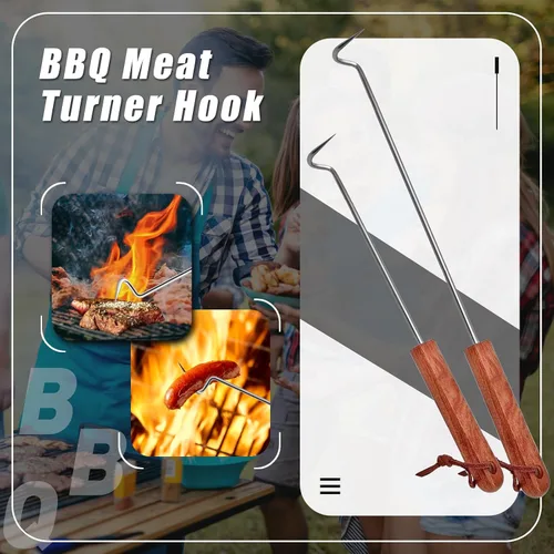 Miniatura 5 de 2 ganchos giratorios de acero inoxidable para barbacoa, ganchos de barbacoa para cocinar, accesorios de parrilla con mango de madera para asar