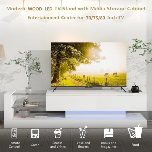 Miniatura 3 de BAMACAR Soporte de TV moderno para TV de 80 pulgadas, centro de entretenimiento con luz LED blanca con almacenamiento, soportes de TV de 80, 75, 70
