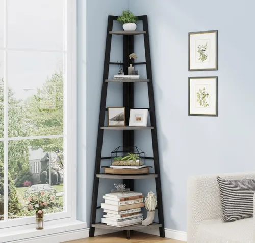 Miniatura 9 de BON AUGURE Estantería Esquinera de Escalera, Librero Esquinero de Madera y Metal Negro de 5 Niveles, Unidad de Estantería Estrecha y Alta