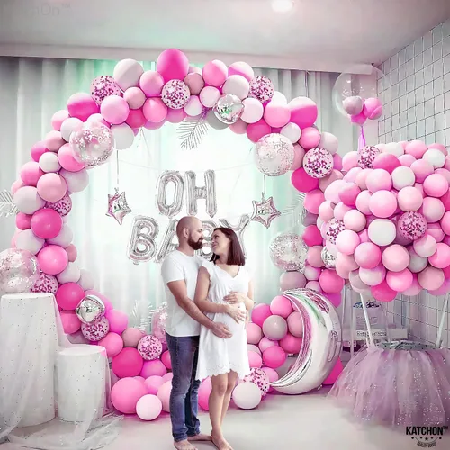 Miniatura 6 de KatchOn, Kit de arco de globos rosas metálicos, 12 pulgadas, paquete de 60, globos de confeti para decoraciones de fiesta rosa, globo de confeti
