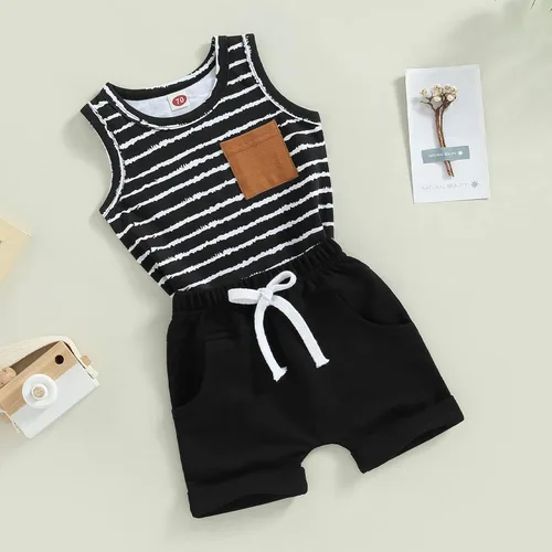 Miniatura 7 de Conjunto de ropa de 2 piezas con bolsillo a rayas y cordón enrollado para bebé niño