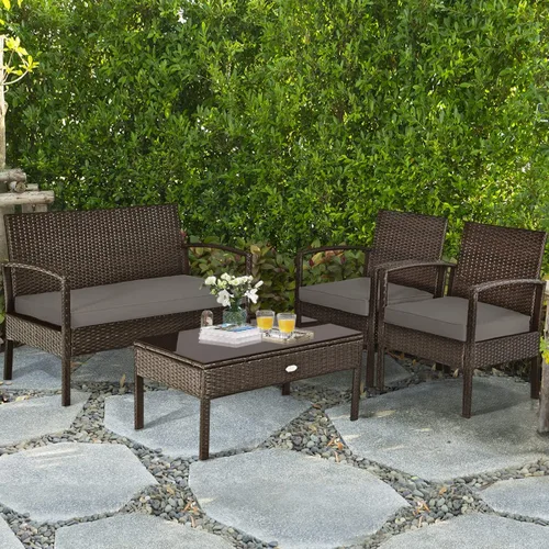 Miniatura 8 de Juego de 4 muebles de patio para exteriores, juego de sofá de mimbre con cojín marrón oscuro resistente al agua y mesa de vidrio templado para patio