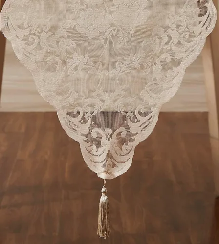 Miniatura 4 de ASATEX Camino de mesa de encaje de lino dorado de 14 x 36 pulgadas con 2 borlas. El patrón floral clásico y elegante es la opción ideal