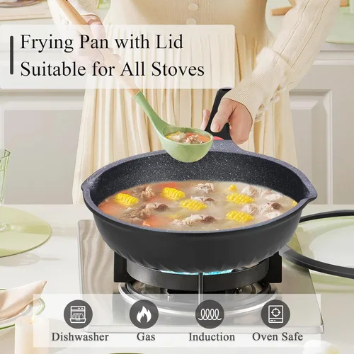 Miniatura 2 de Vinchef Nueva actualización de mango 11 Pulg/5Qt Sartén antiadherente de aluminio para freír en profundidad con tapa e indicador de calor, sartén