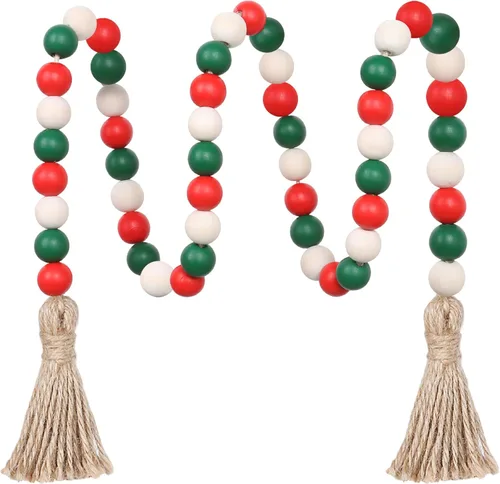Guirnalda de cuentas de madera de Navidad, cuentas de granja de 39 pulgadas con borlas, bandeja escalonada, decoración para colgar en la pared,