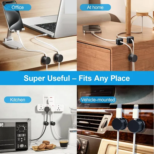Miniatura 7 de 6 piezas de clips magnéticos para cables, organizador de cables adhesivo giratorio de 360° - Soporte compacto para cables para escritorio, mesita
