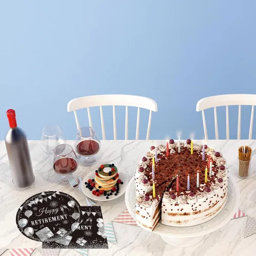 Miniatura 5 de Juego de 40 piezas de vajilla desechable para fiestas de jubilación para hombres y mujeres, color negro y plateado, incluye platos de jubilación