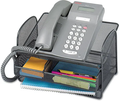 Safco Onyx - Bandeja para teléfono y utilidad con cajón, organizador de escritorio, construcción de malla de acero duradera, color negro