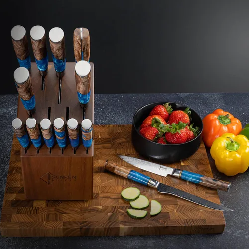 Miniatura 8 de SENKEN - Cuchillo de carnicero de acero Damasco, colección Tsunami, acero japonés VG10 de 67 capas, resina azul única y mango de madera natural