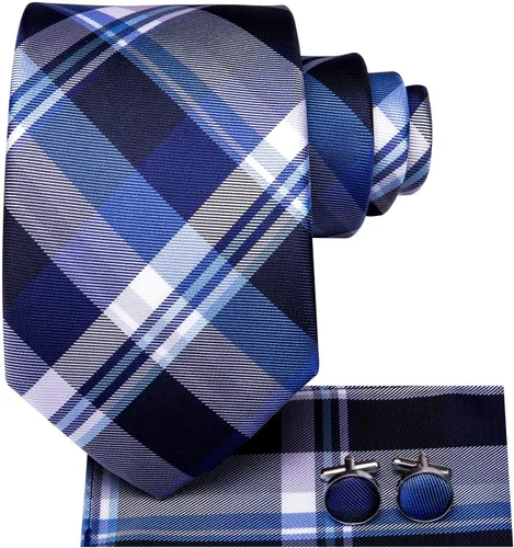 Miniatura 226 de Hi-Tie Corbata clásica de cachemira para hombre con pañuelo y gemelos a cuadros
