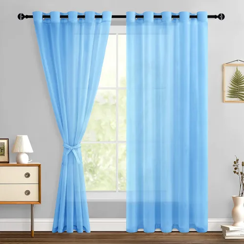 Miniatura 75 de Hiasan - Cortinas traslúcidas de gasa cortas semitransparentes con ojales y alzapaños filtrantes de luz para ventana, dormitorio, baño, 2 paneles