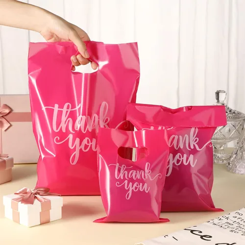 Miniatura 4 de Eersida 200 bolsas de plástico rosadas con asas troqueladas, bolsas de plástico para mercancías para compras, paquete de compras al por menor