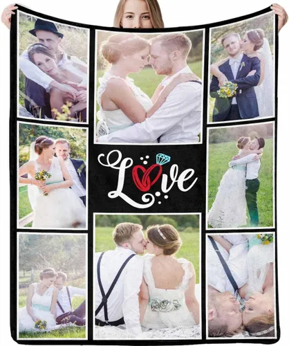 Miniatura 20 de Manta de fotos personalizada, manta de pareja de boda, con texto en inglés «He Asked And She Said Yes», 4 fotos, manta de boda, regalo romántico