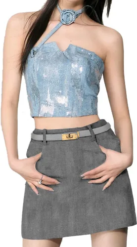 Miniatura 384 de Cinturón de cuero clásico con hebilla de metal para mujer con vestido de jeans