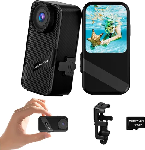 Mini cámara de acción 4K60FPS, cámara de pulgar HD con tarjeta SD de 64 G, POV portátil, grabadora de video portátil, videocámara subacuática IPX8,