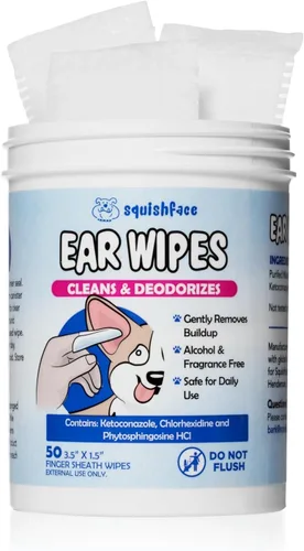 Squishface Toallitas individuales para aliviar las orejas de perro, ingredientes no alérgicos y fórmula que reduce la irritación, limpia y