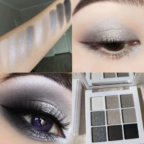 Miniatura 3 de Go Ho Paleta de sombra de ojos ahumada negra, gris y plateada, paleta de maquillaje de ojos mate y brillante, paleta de sombra de ojos gótica