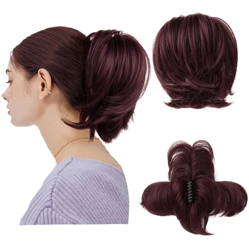Miniatura 20 de HOOJIH - Pieza de cabello con moño desordenado, clip de garra en moño de cabello liso de 9 pulgadas, extensión de cola de caballo corta con alambre