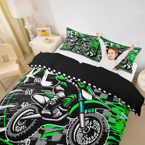 Miniatura 5 de Juego de funda de edredón verde fluorescente para motocross, juego de ropa de cama para deportes extremos para niños y niñas, funda de edredón
