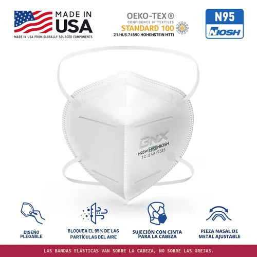 Miniatura 6 de BNX N95 Máscara facial protectora con certificado NIOSH fabricada en Estados Unidos (paquete de 10, número de aprobación TC-84A-9315/modelo H95W)
