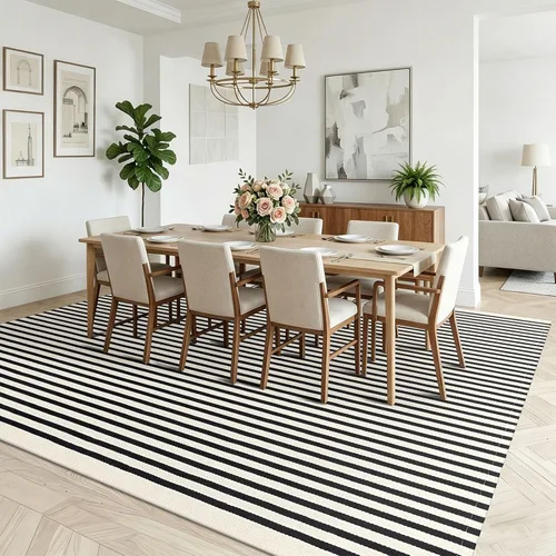 Miniatura 31 de KOZYFLY Alfombra a rayas blancas y negras de 2 x 3 pies, tejido de algodón, lavable, para interiores y exteriores, alfombra pequeña para puerta