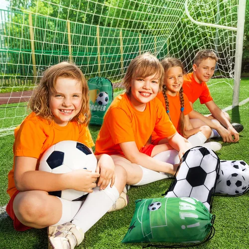 Miniatura 7 de Shappy 12 bolsas de fútbol para aperitivos, bolsas de regalo de fútbol, bolsas de regalo de fiesta deportiva, golosinas, mochila con cordón
