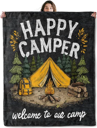 Manta de franela suave y acogedora con diseño de campista Happy Campfire y Forest Tent Impreso Fondo negro para amantes del aire libre, dormitorio,