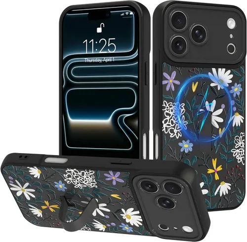 Miniatura 15 de Funda diseñada para iPhone 17 Pro Max con soporte plegable y correa para dedos, bonito patrón de lazo de corazón de flor rosa para mujeres y niñas