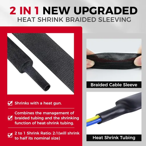 Miniatura 2 de Tubo Termorretráctil Trenzado Negro 2 en 1 Funda de Manguera de Telar de Alambre de Tela Retráctil Automotriz Protector de Gestión (1/2"-15ft)