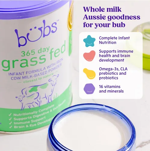 Miniatura 3 de Bubs Fórmula Infantil de 365 Días de Ganado Alimentado con Pasto con Hierro, Polvo a Base de Leche de Vaca para Bebés de 0-12 Meses, Hecha con Leche