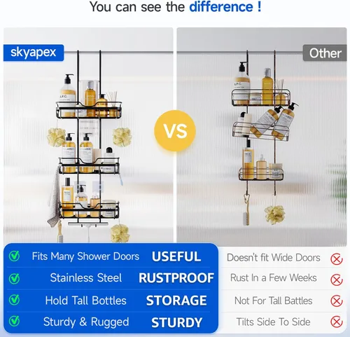 Miniatura 2 de Skyapex Organizador de ducha sobre la puerta: Estante de baño colgante sobre vidrio con ganchos - Estante de almacenamiento dentro del baño