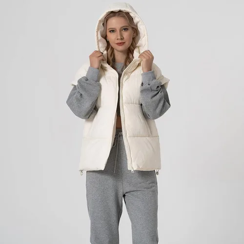 Miniatura 2 de Shiyifa Chaleco acolchado para mujer, chaqueta de gran tamaño, sin mangas, ligera, con cremallera, con capucha desmontable
