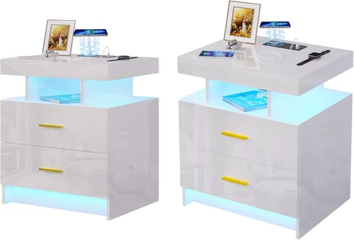 Miniatura 18 de HNEBC Mesita de noche LED con estación de carga, mesita de noche inteligente con luces de sensor de movimiento, 3 cajones, parte superior de vidrio