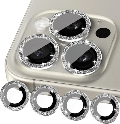 Paquete de 4 protectores de lente de cámara compatibles con iPhone 15 Pro / 15 Pro Max, protector de lente de cámara Bling Glitter, protector de