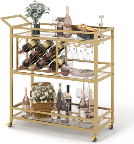 FATORRI Carrito de bar dorado, carrito de servicio de bar con estante para vino y soporte para vasos, carritos de vino con ruedas con estantes de