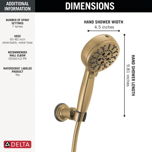 Miniatura 3 de Delta Lumicoat Chrampagne Bronze 55884-CZ-PR - Cabezal de ducha de mano y manguera de montaje en pared dorado cepillado de 7 ajustes con espray