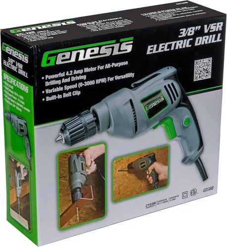Miniatura 6 de Taladro con cable Genesis de 4.2 amperios, velocidad variable reversible, eléctrico con portabrocas sin llave de 3/8 pulgadas, clip de cinturón