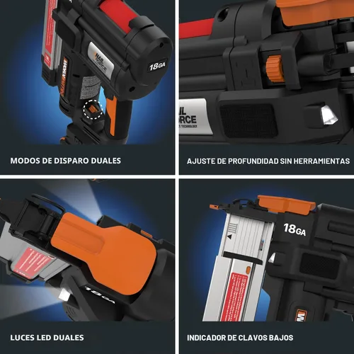 Miniatura 7 de Worx Nitro Clavadora Brad Inalámbrica de 20V 18GA, Pistola de Clavos Inalámbrica, Pistola de Clavos a Batería, Hasta 2 Pulgadas, Liberación
