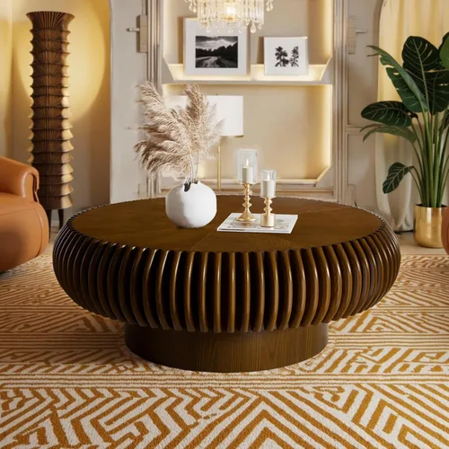 Miniatura 12 de Mesa de centro redonda de tambor estriado para sala de estar, mesas de centro modernas de mediados de siglo con pedestal resistente, mesa de té negro