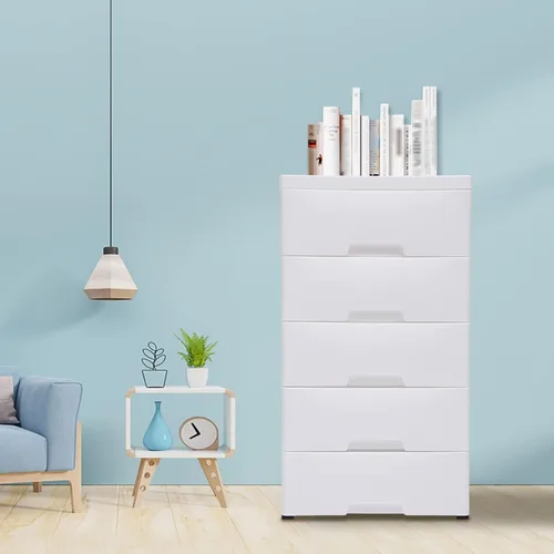Miniatura 9 de Cajones de 5 capas con cerradura, cajonera con rueda universal desmontable, cómoda de almacenamiento de polipropileno para armario, dormitorio