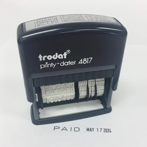 Miniatura 4 de Trodat Printy 4817 Economy Dial-A-Phrase, 12 mensajes populares de oficina, mes en letras, día y año en números, sello de fecha de goma – Negro