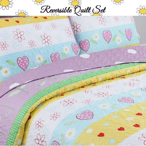 Miniatura 6 de Cozy Line Home Fashions Playful Girl Fun Heart Floral Kids Juego de ropa de cama de 2 piezas multicolor morado, rosa, amarillo, azul, poliéster a